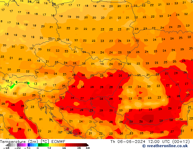 Temperatuurkaart (2m) ECMWF do 06.06.2024 12 UTC