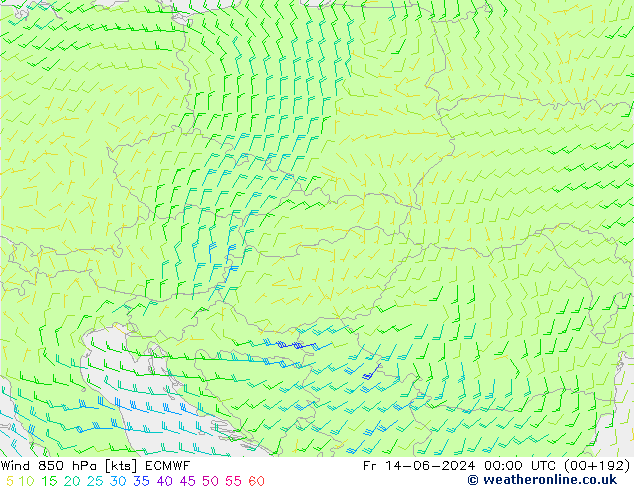 ветер 850 гПа ECMWF пт 14.06.2024 00 UTC