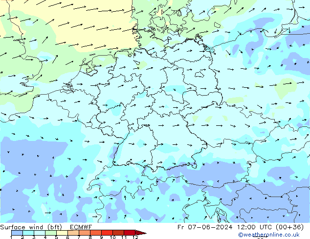 Wind 10 m (bft) ECMWF vr 07.06.2024 12 UTC