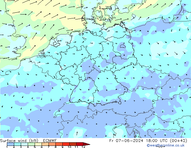 Wind 10 m (bft) ECMWF vr 07.06.2024 18 UTC