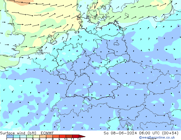 Wind 10 m (bft) ECMWF za 08.06.2024 06 UTC