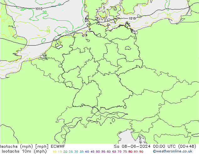 Izotacha (mph) ECMWF so. 08.06.2024 00 UTC