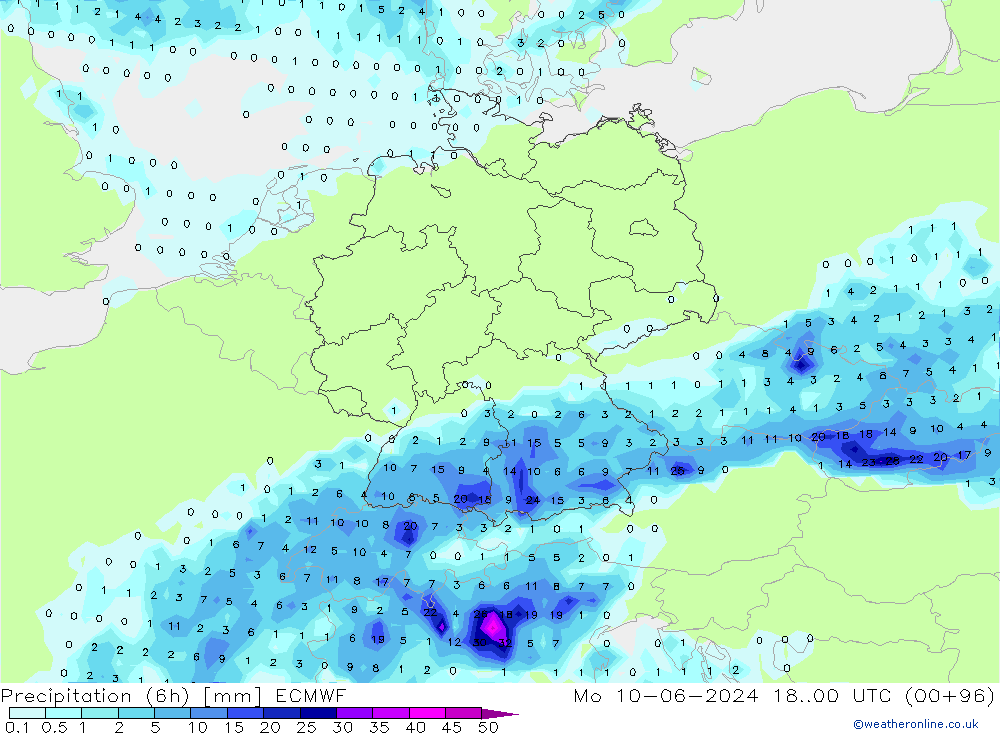 Precipitation (6h) ECMWF Mo 10.06.2024 00 UTC