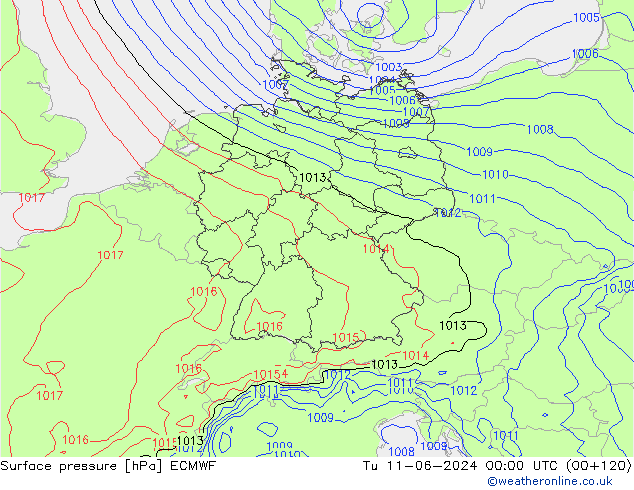 Surface pressure ECMWF Tu 11.06.2024 00 UTC