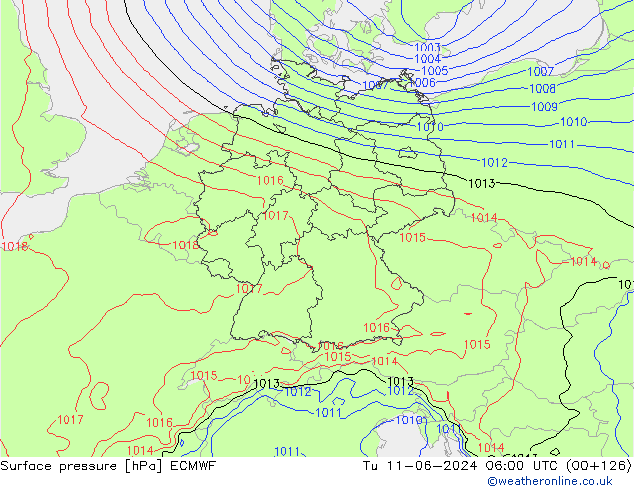 Surface pressure ECMWF Tu 11.06.2024 06 UTC