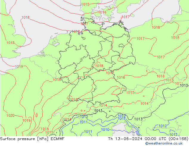 Pressione al suolo ECMWF gio 13.06.2024 00 UTC