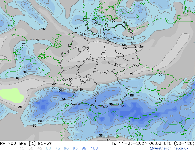 RH 700 hPa ECMWF Tu 11.06.2024 06 UTC