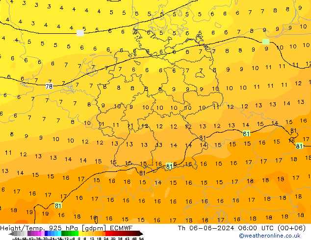 Height/Temp. 925 hPa ECMWF czw. 06.06.2024 06 UTC