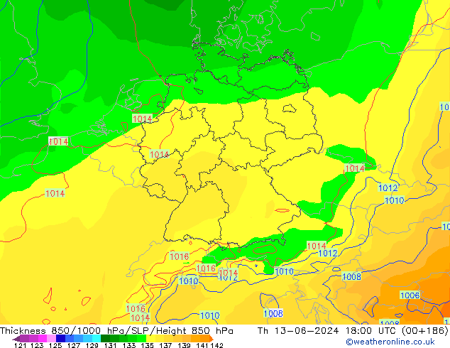 Thck 850-1000 hPa ECMWF Th 13.06.2024 18 UTC