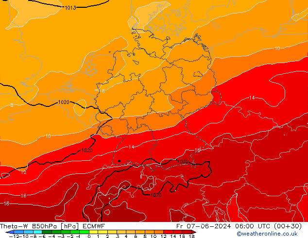 Theta-W 850hPa ECMWF Pá 07.06.2024 06 UTC