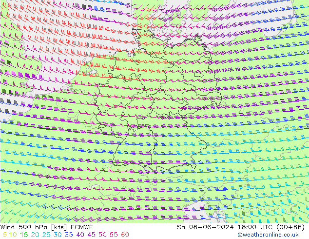 Viento 500 hPa ECMWF sáb 08.06.2024 18 UTC