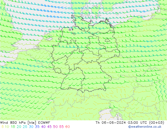 wiatr 850 hPa ECMWF czw. 06.06.2024 03 UTC