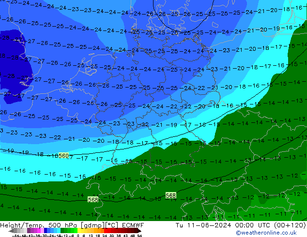 Height/Temp. 500 гПа ECMWF вт 11.06.2024 00 UTC