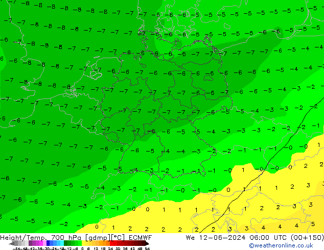 Hoogte/Temp. 700 hPa ECMWF wo 12.06.2024 06 UTC