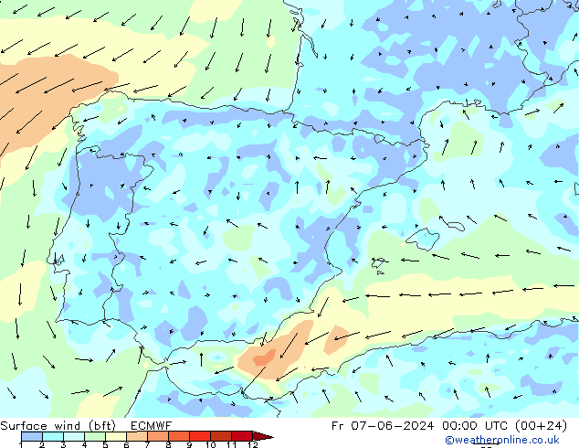 Vento 10 m (bft) ECMWF ven 07.06.2024 00 UTC