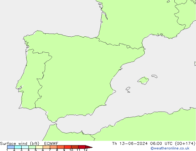 Surface wind (bft) ECMWF Th 13.06.2024 06 UTC