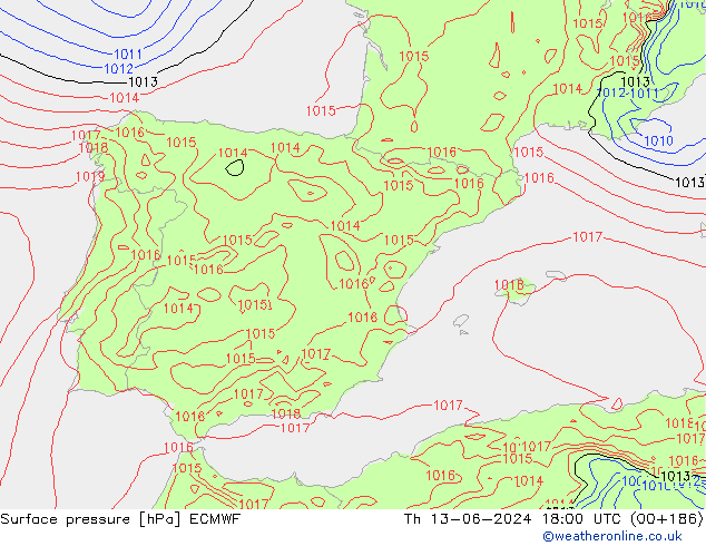Presión superficial ECMWF jue 13.06.2024 18 UTC