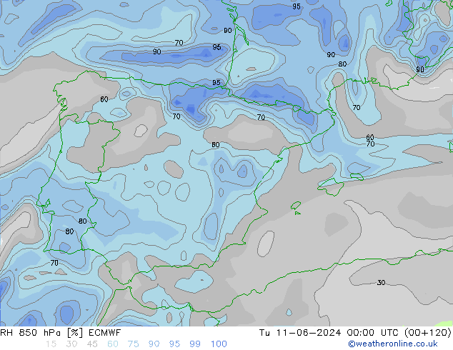 Humidité rel. 850 hPa ECMWF mar 11.06.2024 00 UTC