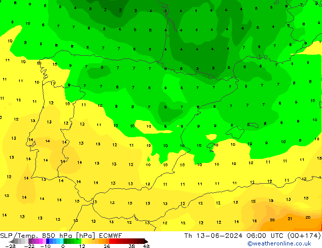 SLP/Temp. 850 hPa ECMWF jue 13.06.2024 06 UTC