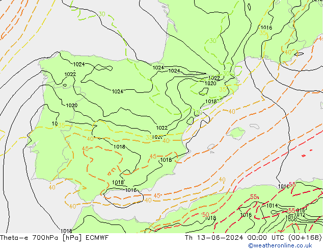 Theta-e 700hPa ECMWF Th 13.06.2024 00 UTC