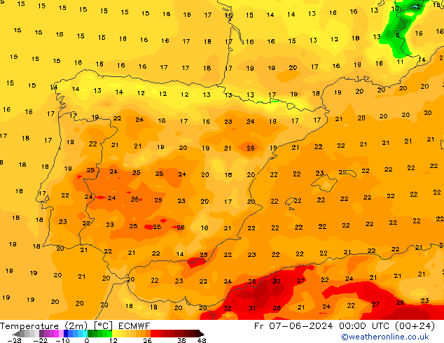 Sıcaklık Haritası (2m) ECMWF Cu 07.06.2024 00 UTC