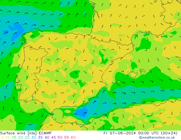 ветер 10 m ECMWF пт 07.06.2024 00 UTC