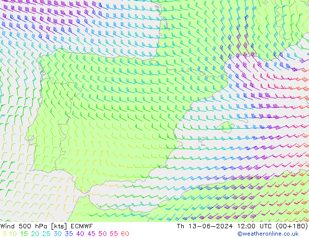 Wind 500 hPa ECMWF Th 13.06.2024 12 UTC