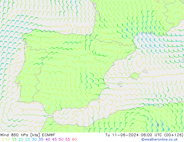 Wind 850 hPa ECMWF Út 11.06.2024 06 UTC