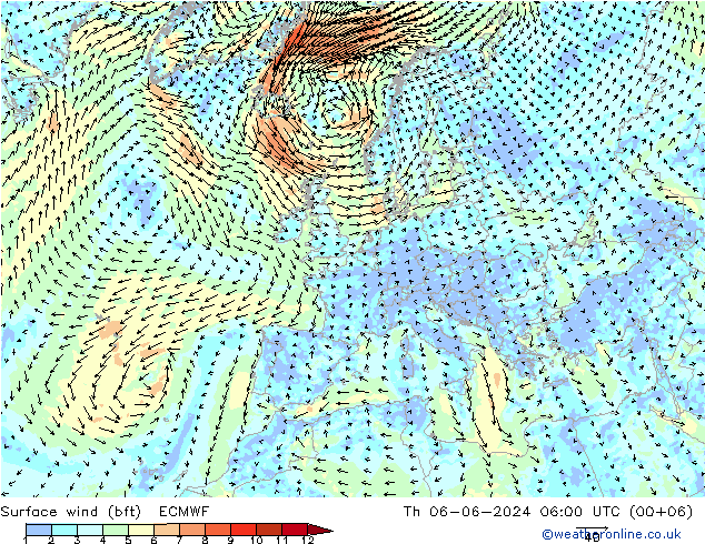 ве�Bе�@ 10 m (bft) ECMWF чт 06.06.2024 06 UTC