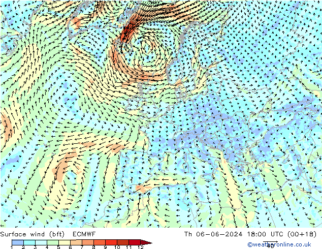 ве�Bе�@ 10 m (bft) ECMWF чт 06.06.2024 18 UTC