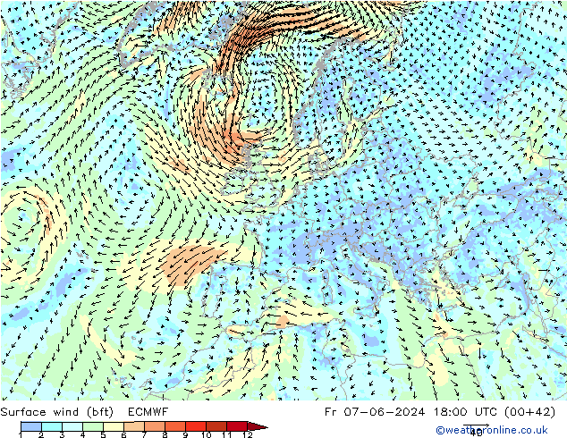 wiatr 10 m (bft) ECMWF pt. 07.06.2024 18 UTC