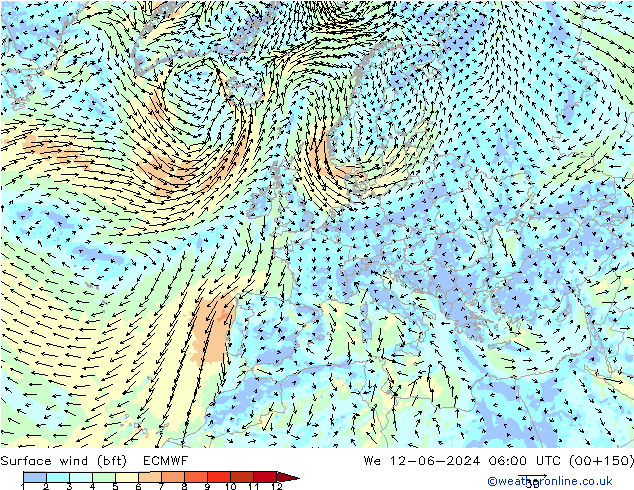 Vento 10 m (bft) ECMWF Qua 12.06.2024 06 UTC