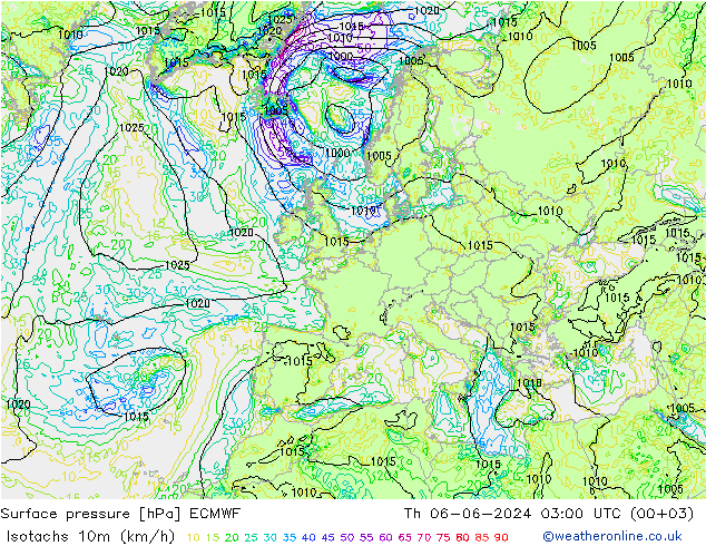 Isotachen (km/h) ECMWF do 06.06.2024 03 UTC