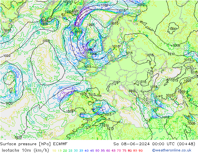 Isotachen (km/h) ECMWF Sa 08.06.2024 00 UTC