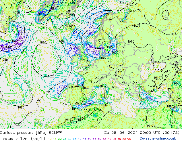 Isotachs (kph) ECMWF Su 09.06.2024 00 UTC