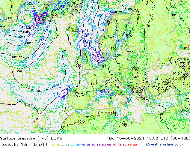 Isotachen (km/h) ECMWF Mo 10.06.2024 12 UTC