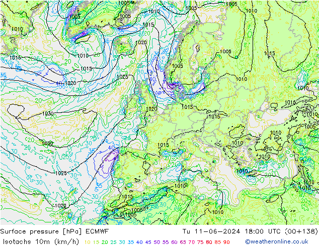 Eşrüzgar Hızları (km/sa) ECMWF Sa 11.06.2024 18 UTC