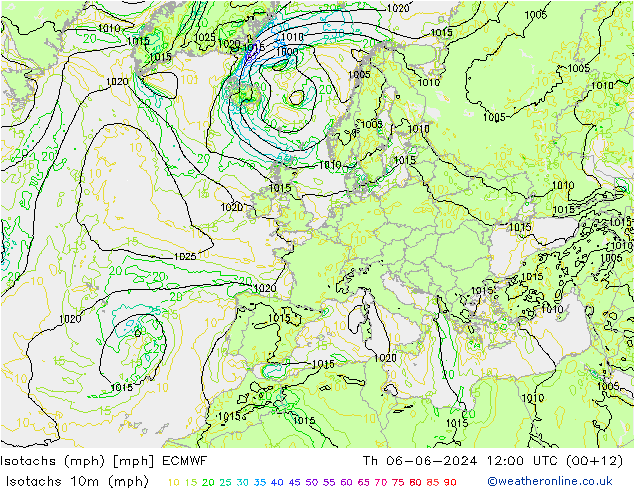 Isotachen (mph) ECMWF Do 06.06.2024 12 UTC