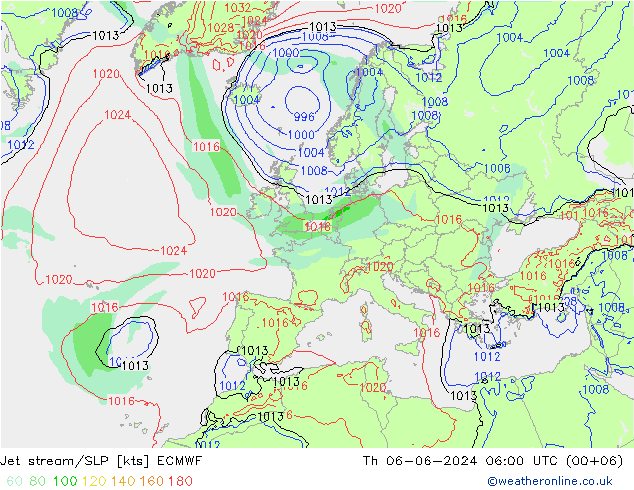 Jet stream ECMWF Qui 06.06.2024 06 UTC