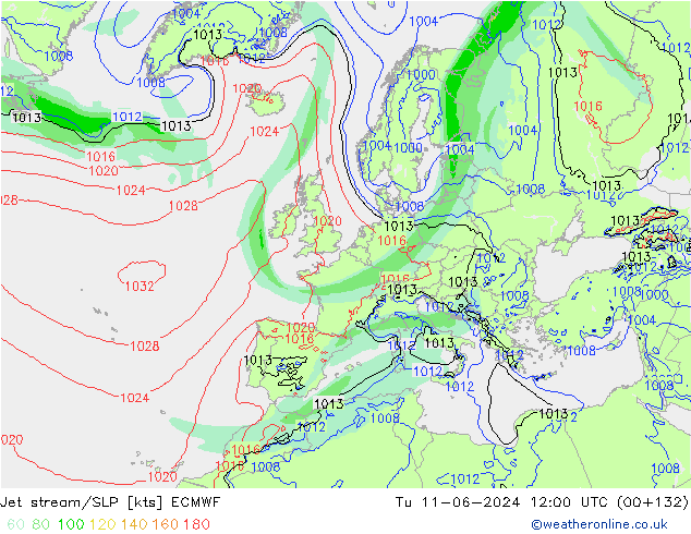 Jet stream/SLP ECMWF Tu 11.06.2024 12 UTC