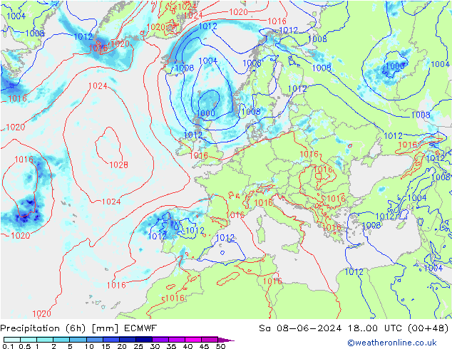 Z500/Rain (+SLP)/Z850 ECMWF сб 08.06.2024 00 UTC