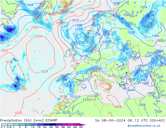 Z500/Rain (+SLP)/Z850 ECMWF so. 08.06.2024 12 UTC