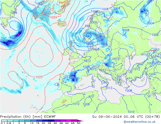 Z500/Rain (+SLP)/Z850 ECMWF Вс 09.06.2024 06 UTC