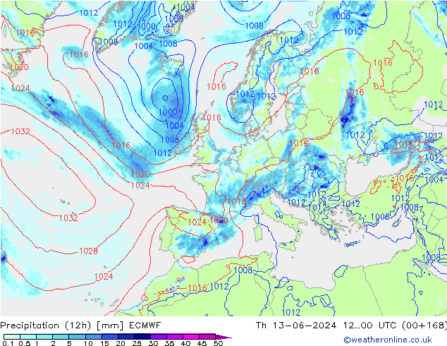 Precipitation (12h) ECMWF Čt 13.06.2024 00 UTC