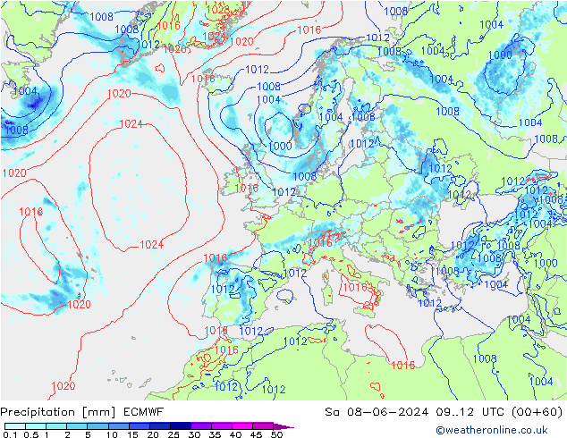 Niederschlag ECMWF Sa 08.06.2024 12 UTC