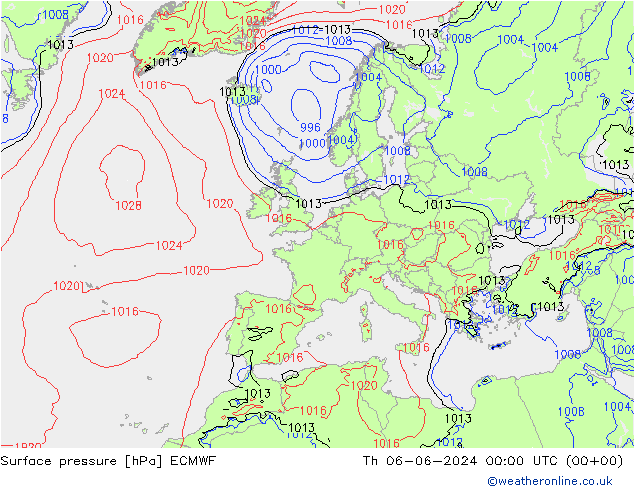 Surface pressure ECMWF Th 06.06.2024 00 UTC