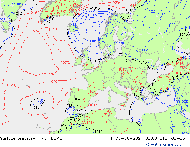 Atmosférický tlak ECMWF Čt 06.06.2024 03 UTC