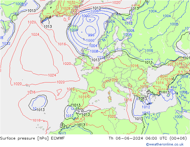 Luchtdruk (Grond) ECMWF do 06.06.2024 06 UTC