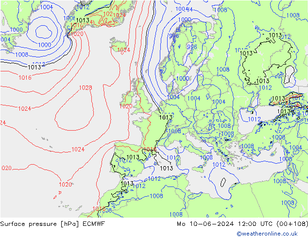 pressão do solo ECMWF Seg 10.06.2024 12 UTC