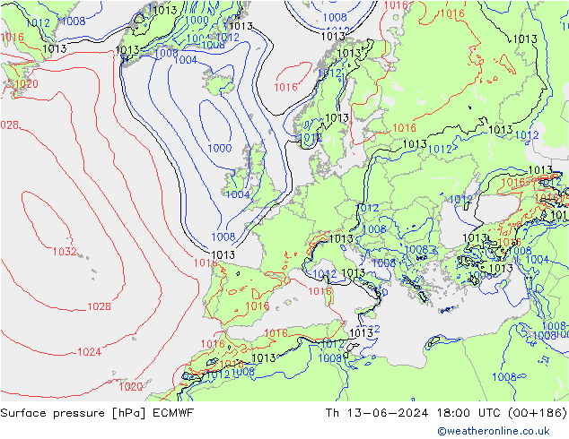 Surface pressure ECMWF Th 13.06.2024 18 UTC